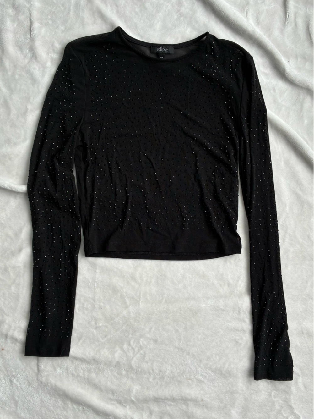 Eclipse Black Mesh Rhinestone Long Sleeve Top Size LG